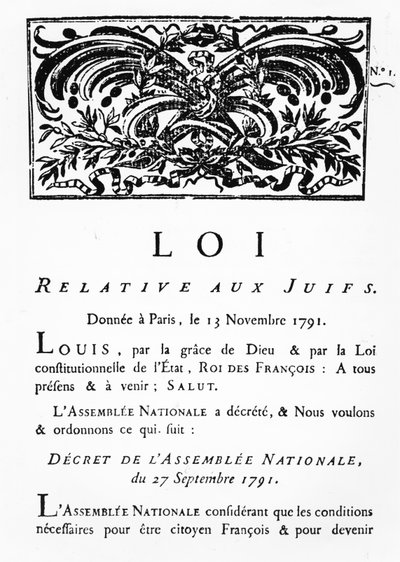 Königliches Dekret zur Emanzipation aller Juden in Frankreich, Dekret der Nationalversammlung, 27. September 1791 (Faksimile) von French School